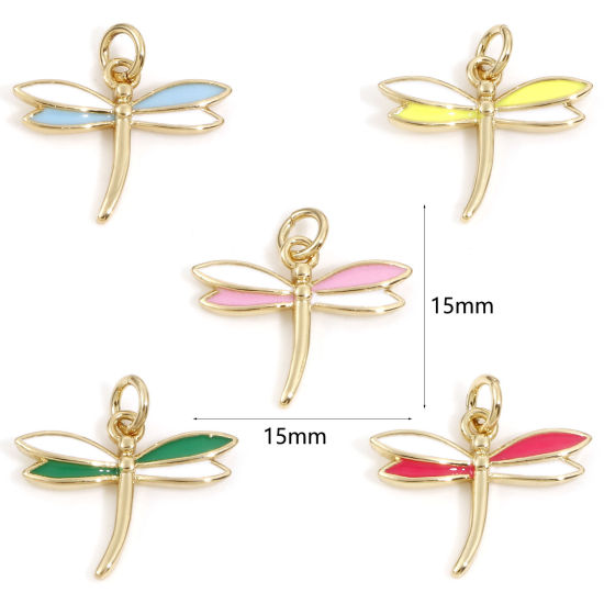 Immagine di Ottone Insetto Charms Libellula 18K Vero Oro Placcato Multicolore Smalto 15mm x 15mm, 2 Pz