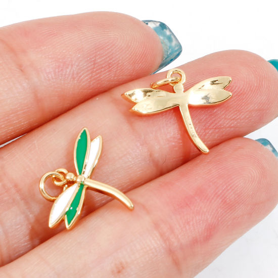 Immagine di Ottone Insetto Charms Libellula 18K Vero Oro Placcato Multicolore Smalto 15mm x 15mm, 2 Pz
