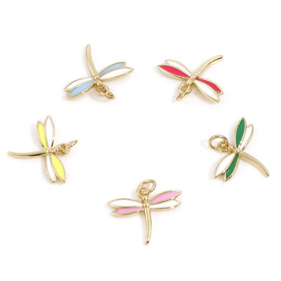 Immagine di Ottone Insetto Charms Libellula 18K Vero Oro Placcato Multicolore Smalto 15mm x 15mm, 2 Pz