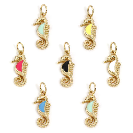 Bild von Messing Ozean Schmuck Charms 18K Echtgold plattiert Bunt Seepferdchen Emaille 20mm x 7mm, 2 Stück