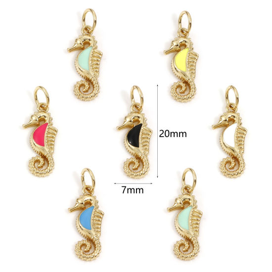 Bild von Messing Ozean Schmuck Charms 18K Echtgold plattiert Bunt Seepferdchen Emaille 20mm x 7mm, 2 Stück