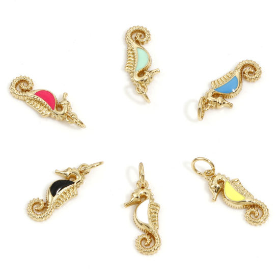 Bild von Messing Ozean Schmuck Charms 18K Echtgold plattiert Bunt Seepferdchen Emaille 20mm x 7mm, 2 Stück