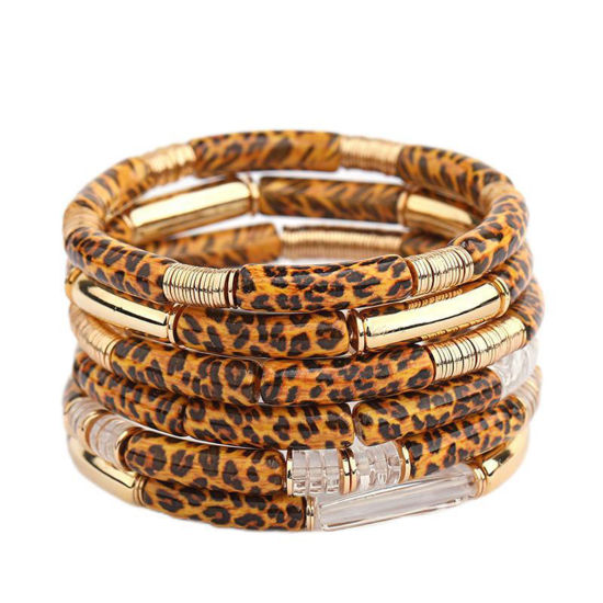 Picture of Acrylic Bangles Bracelets Multicolor Curved Tube Leopard Print Elastic
