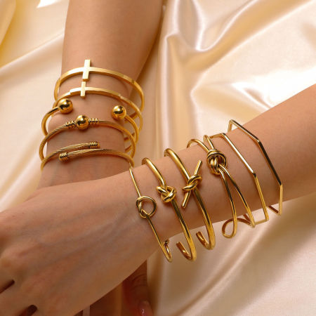Eco-friendly Vacuum Plating Stylish Simple 18K Gold Plated 304 Stainless Steel Knot Cross Open Bangles Bracelets For Women Party