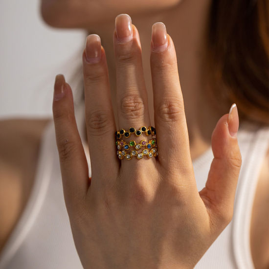Imagen de Enchapado al Vacío Ecológico Elegante Estilo Ins 18K Oro Real Chapado 304 Acero Inoxidable & Circón Artificial Abierto En forma de S Anillos Para Mujeres 1 Unidad