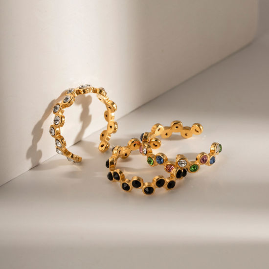 Imagen de Enchapado al Vacío Ecológico Elegante Estilo Ins 18K Oro Real Chapado 304 Acero Inoxidable & Circón Artificial Abierto En forma de S Anillos Para Mujeres 1 Unidad