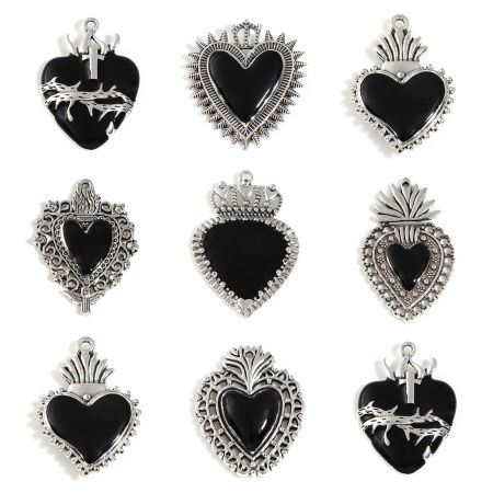Zinc Based Alloy Religious Pendants Antique Silver Color Black Ex Voto Heart Enamel