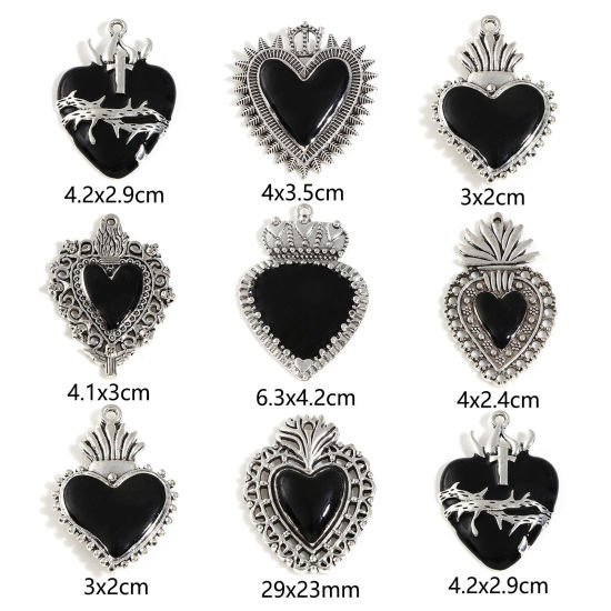 Picture of Zinc Based Alloy Religious Pendants Antique Silver Color Black Ex Voto Heart Enamel