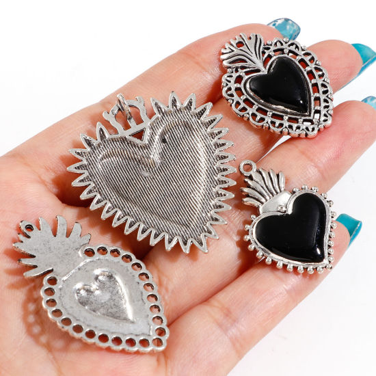 Picture of Zinc Based Alloy Religious Pendants Antique Silver Color Black Ex Voto Heart Enamel