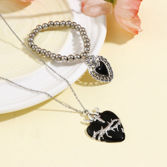 Picture of Zinc Based Alloy Religious Pendants Antique Silver Color Black Ex Voto Heart Enamel