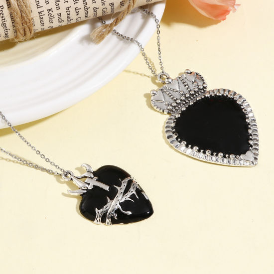 Picture of Zinc Based Alloy Religious Pendants Antique Silver Color Black Ex Voto Heart Enamel