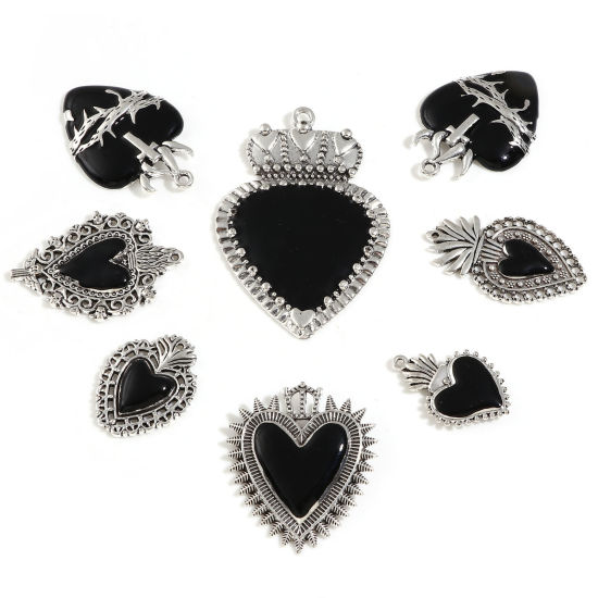 Picture of Zinc Based Alloy Religious Pendants Antique Silver Color Black Ex Voto Heart Enamel