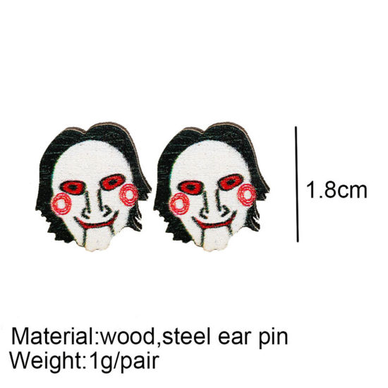 Picture of Natural Wood Halloween Ear Post Stud Earrings Multicolor Human Head