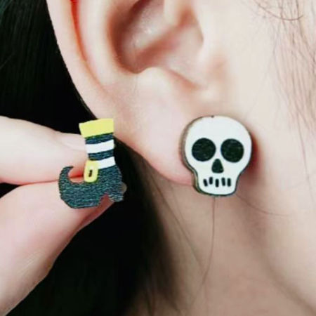 Natural Wood Halloween Ear Post Stud Earrings Multicolor Halloween Spider Animal Skull