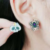 Picture of Natural Wood Halloween Ear Post Stud Earrings Multicolor Halloween Spider Animal Skull