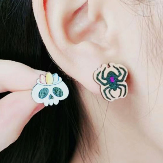 Picture of Natural Wood Halloween Ear Post Stud Earrings Multicolor Halloween Spider Animal Skull