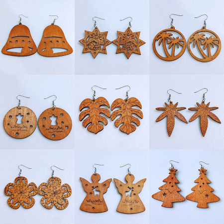 Picture of Natural Wood Retro Earrings Brown Star Christmas Snowman Hollow