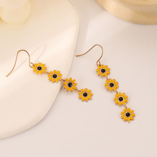 Bild von Messing Pastoraler Stil Quaste Ohrringe Vergoldet Bunt Gänseblümchen Emaille 1 Paar                                                                                                                                                                           