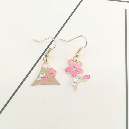Image de Boucles d'Oreilles Asymétriques en Laiton Style Japonais Doré Rose Triangle Fleurs Émail 1 Paire                                                                                                                                                              
