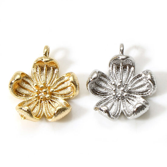 Image de Breloques en Laiton Fleur Plaqué Or Véritable Fleur de Pêche 3D 13mm x 11mm, 5 Pcs