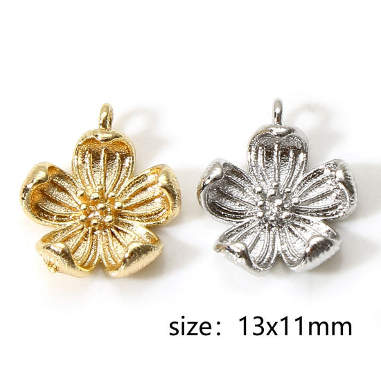 Image de Breloques en Laiton Fleur Plaqué Or Véritable Fleur de Pêche 3D 13mm x 11mm, 5 Pcs
