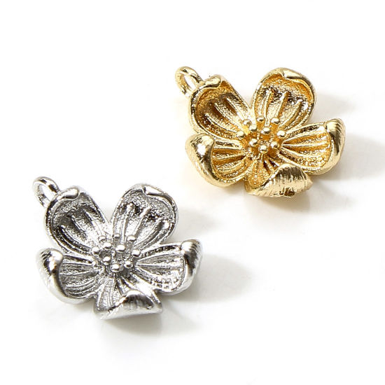 Image de Breloques en Laiton Fleur Plaqué Or Véritable Fleur de Pêche 3D 13mm x 11mm, 5 Pcs