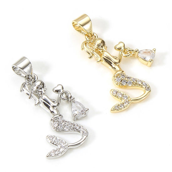 Picture of Brass Fairy Tale Collection Charms Real Gold Plated Mermaid Micro Pave Clear Cubic Zirconia 26mm x 14mm                                                                                                                                                       