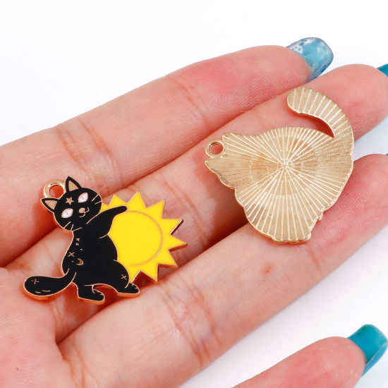 Picture of Zinc Based Alloy Halloween Charms Gold Plated Multicolor Cat Enamel