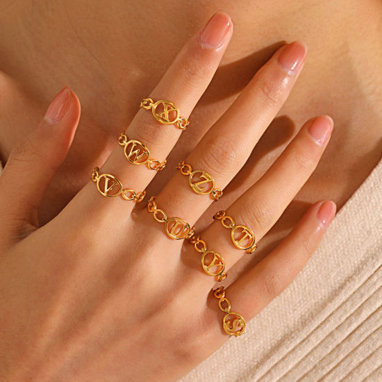 Imagen de Enchapado al Vacío Ecológico Elegante Sencillo Chapado en Oro de 18K 304 Acero Inoxidable Abierto Ajustable Letras Mensaje " A-Z " Hueco Anillos Para Mujeres Día de la Madre 1 Unidad