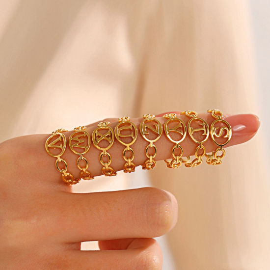 Imagen de Enchapado al Vacío Ecológico Elegante Sencillo Chapado en Oro de 18K 304 Acero Inoxidable Abierto Ajustable Letras Mensaje " A-Z " Hueco Anillos Para Mujeres Día de la Madre 1 Unidad