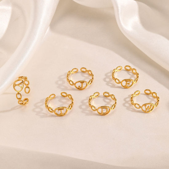 Imagen de Enchapado al Vacío Ecológico Elegante Sencillo Chapado en Oro de 18K 304 Acero Inoxidable Abierto Ajustable Letras Mensaje " A-Z " Hueco Anillos Para Mujeres Día de la Madre 1 Unidad