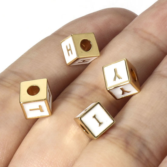 Picture of Brass Simple Beads For DIY Jewelry Making 18K Real Gold Plated Multicolor Cube Initial Alphabet/ Capital Letter Enamel Message " A-Z "