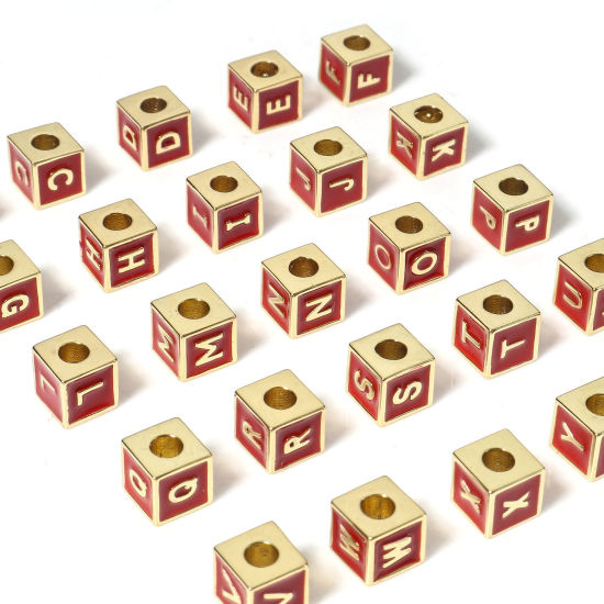 Imagen de Latón Sencillo Cuentas para la Fabricación de Joyas con Dijes de Bricolaje 18K Oro Real Chapado Multicolor Cubo Mayúscula Letra Mensaje " A-Z " Esmalte 1 Unidad