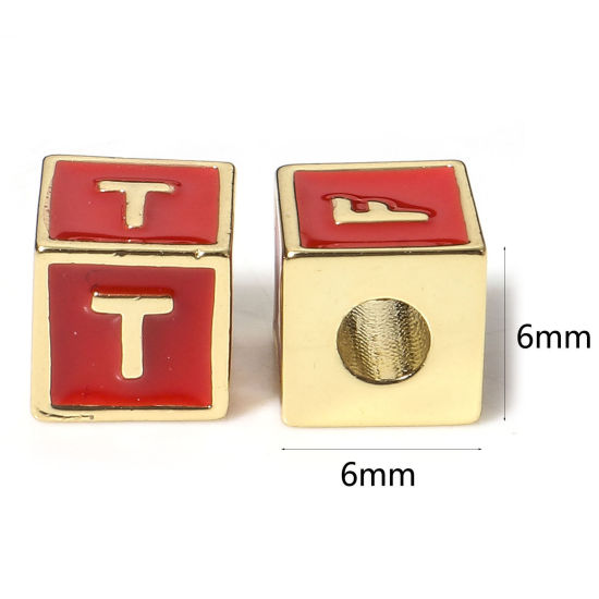 Imagen de Latón Sencillo Cuentas para la Fabricación de Joyas con Dijes de Bricolaje 18K Oro Real Chapado Multicolor Cubo Mayúscula Letra Mensaje " A-Z " Esmalte 1 Unidad