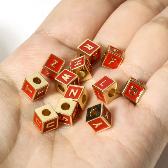 Imagen de Latón Sencillo Cuentas para la Fabricación de Joyas con Dijes de Bricolaje 18K Oro Real Chapado Multicolor Cubo Mayúscula Letra Mensaje " A-Z " Esmalte 1 Unidad