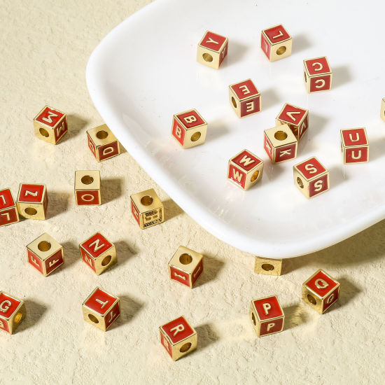 Imagen de Latón Sencillo Cuentas para la Fabricación de Joyas con Dijes de Bricolaje 18K Oro Real Chapado Multicolor Cubo Mayúscula Letra Mensaje " A-Z " Esmalte 1 Unidad