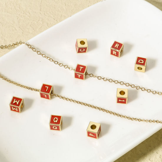 Imagen de Latón Sencillo Cuentas para la Fabricación de Joyas con Dijes de Bricolaje 18K Oro Real Chapado Multicolor Cubo Mayúscula Letra Mensaje " A-Z " Esmalte 1 Unidad