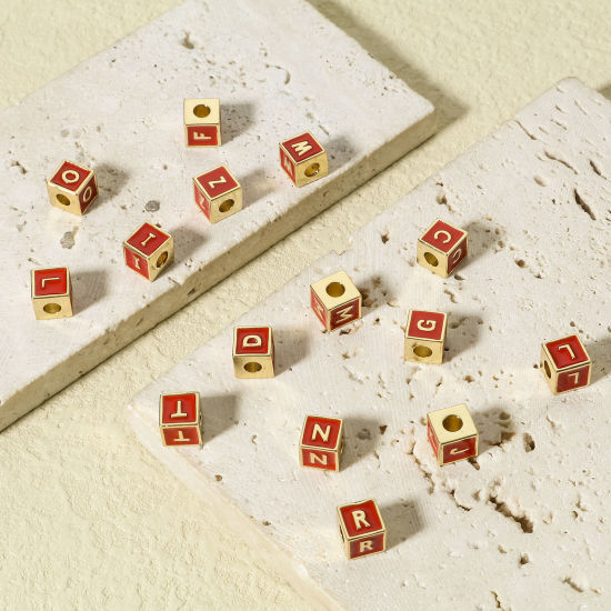 Imagen de Latón Sencillo Cuentas para la Fabricación de Joyas con Dijes de Bricolaje 18K Oro Real Chapado Multicolor Cubo Mayúscula Letra Mensaje " A-Z " Esmalte 1 Unidad