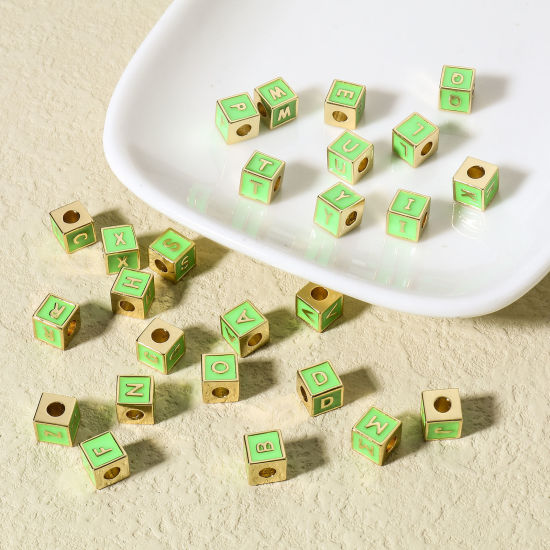 Picture of Brass Simple Beads For DIY Charm Jewelry Making 18K Real Gold Plated Multicolor Cube Initial Alphabet/ Capital Letter Enamel Message " A-Z "                                                                                                                  