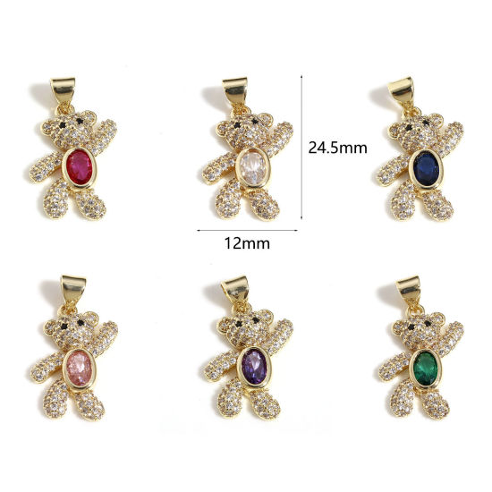 Picture of Brass Micro Pave Charms 18K Real Gold Plated Bear Animal Clear Cubic Zirconia Multicolor Rhinestone 24.5mm x 12mm