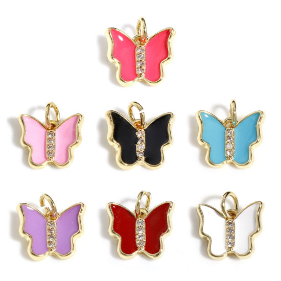 Image de Breloques Insecte en Laiton Papillon Plaqué Or Véritable 18K Multicolore Émail à Zircone Cubique Clair 12mm x 10.5mm, 1 Pièce