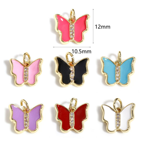 Image de Breloques Insecte en Laiton Papillon Plaqué Or Véritable 18K Multicolore Émail à Zircone Cubique Clair 12mm x 10.5mm, 1 Pièce