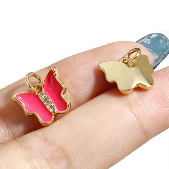 Image de Breloques Insecte en Laiton Papillon Plaqué Or Véritable 18K Multicolore Émail à Zircone Cubique Clair 12mm x 10.5mm, 1 Pièce