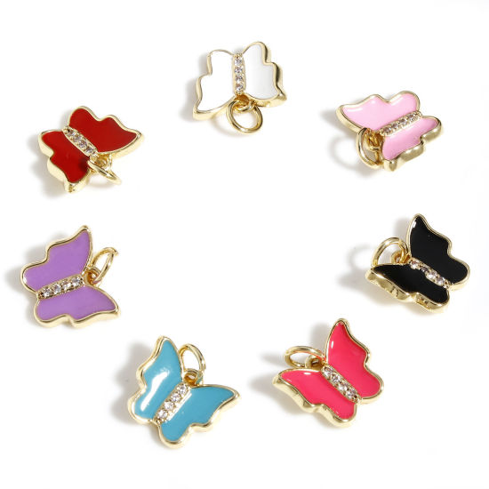 Image de Breloques Insecte en Laiton Papillon Plaqué Or Véritable 18K Multicolore Émail à Zircone Cubique Clair 12mm x 10.5mm, 1 Pièce