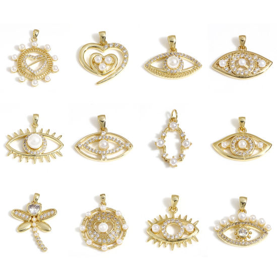 Immagine di Ottone Charms Occhi 18K Vero Oro Placcato Cuore Perla Imitato Acrilico Trasparente Cubic Zirconiae 1 Pz