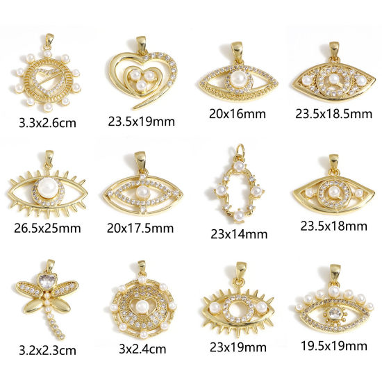 Immagine di Ottone Charms Occhi 18K Vero Oro Placcato Cuore Perla Imitato Acrilico Trasparente Cubic Zirconiae 1 Pz