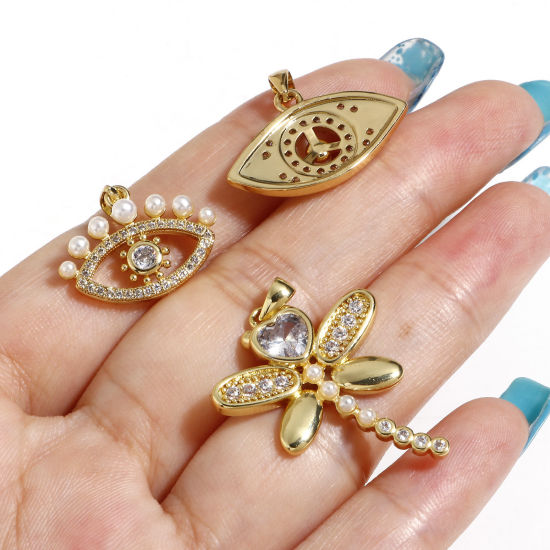Immagine di Ottone Charms Occhi 18K Vero Oro Placcato Cuore Perla Imitato Acrilico Trasparente Cubic Zirconiae 1 Pz