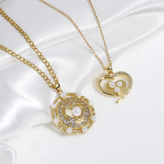 Immagine di Ottone Charms Occhi 18K Vero Oro Placcato Cuore Perla Imitato Acrilico Trasparente Cubic Zirconiae 1 Pz