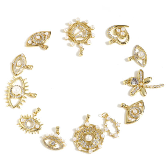 Immagine di Ottone Charms Occhi 18K Vero Oro Placcato Cuore Perla Imitato Acrilico Trasparente Cubic Zirconiae 1 Pz