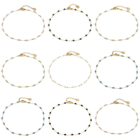 Picture of Stainless Steel & Glass Handmade Link Chain Beaded Anklet Gold Plated Multicolor 25cm(9 7/8") long